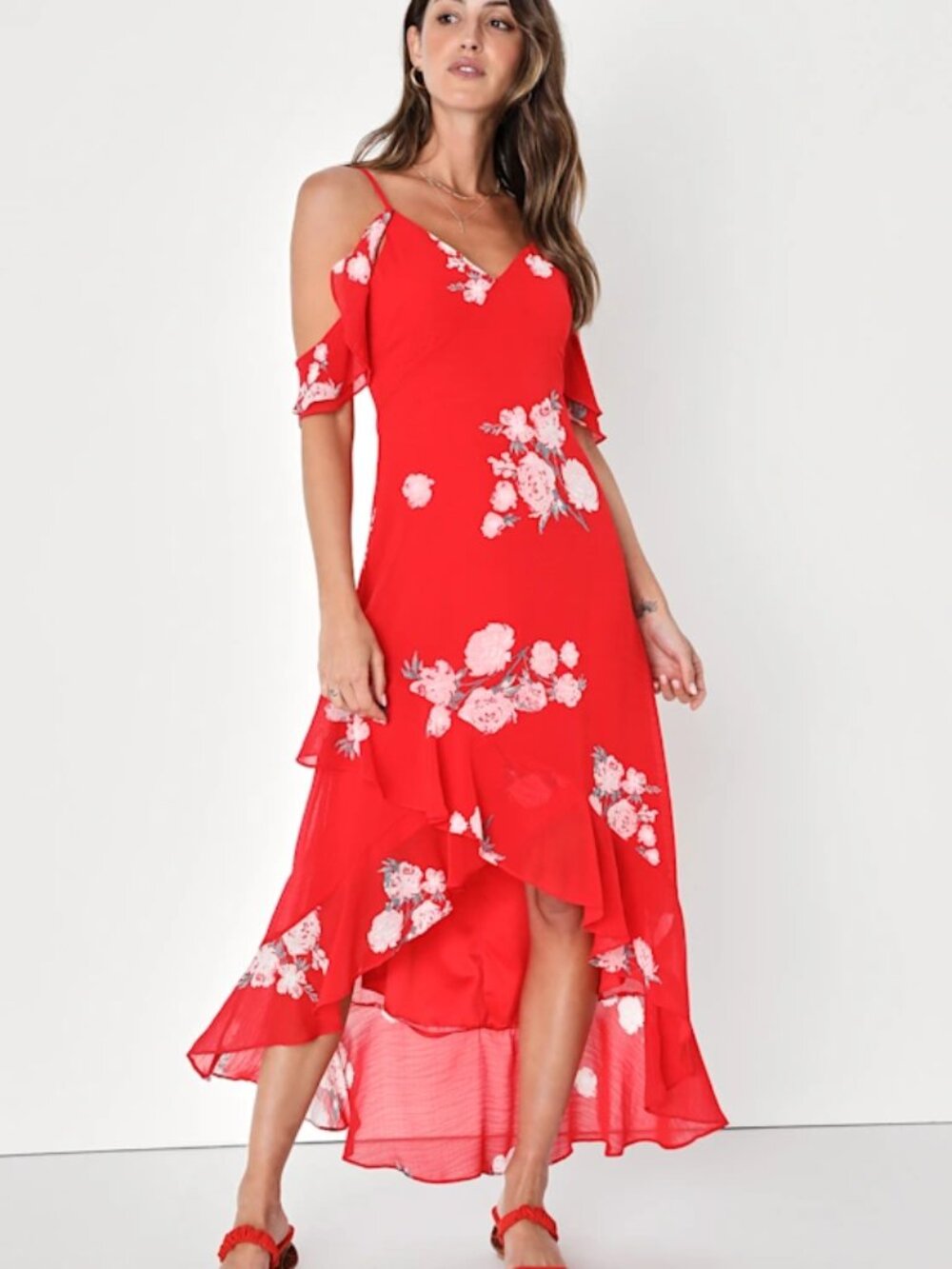 Lulus Love in Bloom Red Floral Print Off-the-Shoulder High-Low Dress NWT